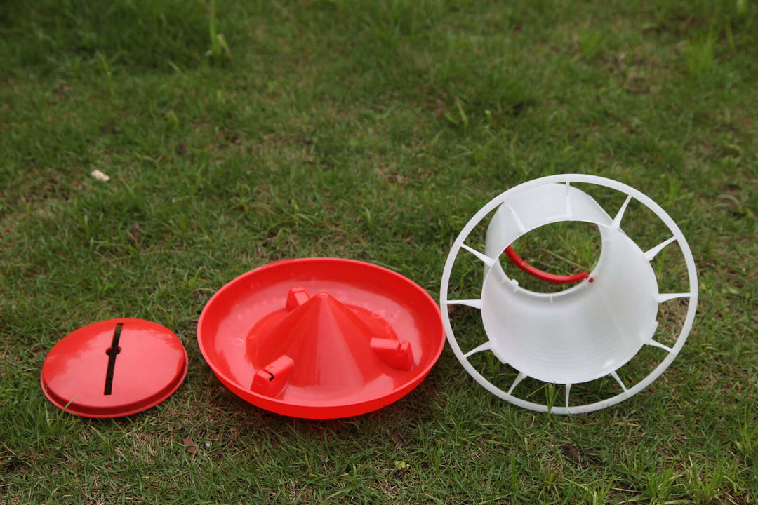 Affordable DIY poultry water drinker and food feeder set in red and white, perfect for farm use.