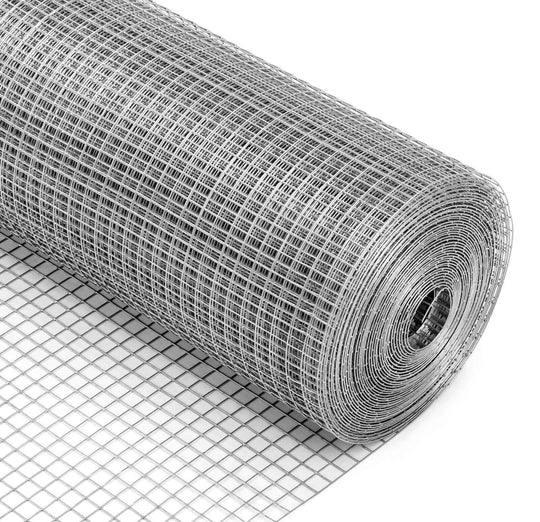 Galvanised wire mesh roll ideal for DIY garden fencing and small animal enclosures, featuring a durable cross-wire pattern.