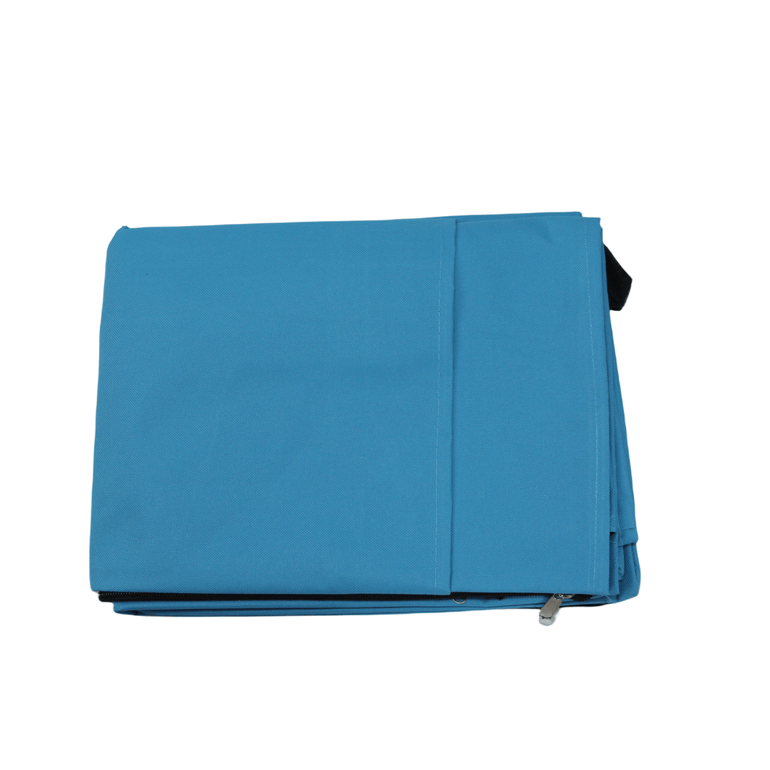 Folded blue canvas cover for pet crate, ideal for dog, cat, or rabbit, made from durable 600D Oxford material.