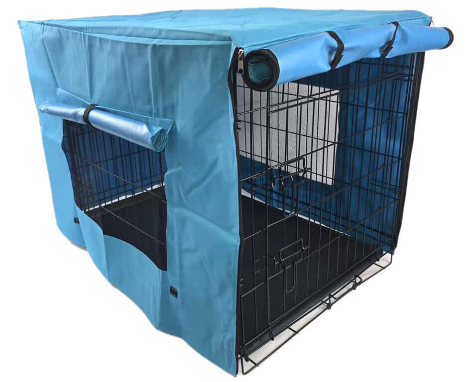 Affordable collapsible pet crate cover in blue, crafted from quality 600D Oxford canvas for dogs, cats, and rabbits.