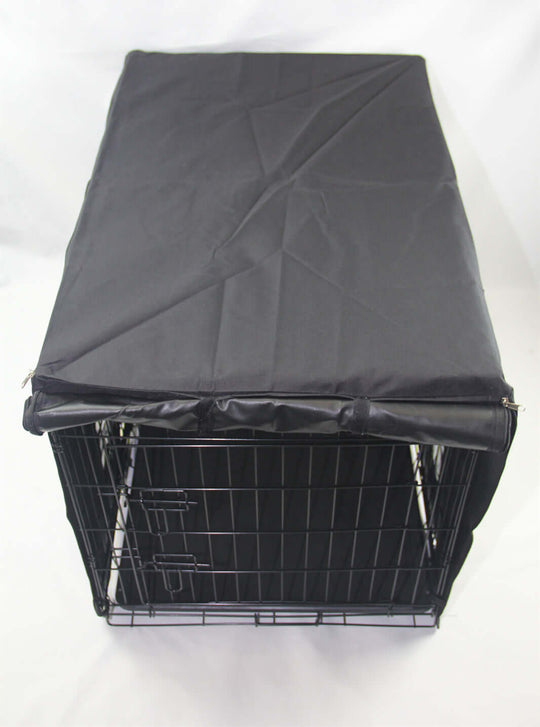 Affordable black canvas cover for a collapsible pet crate, enhancing ventilation and protection.