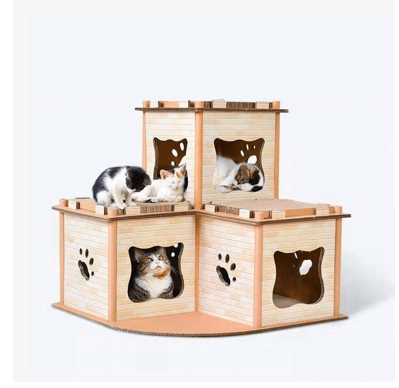 Affordable cat cardboard house tower condo with three playful cats inside, perfect for DIY pet furniture.