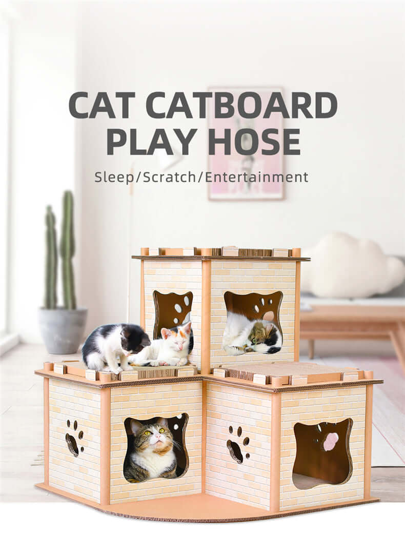 Affordable cat cardboard playhouse for sleep, scratch, and entertainment with multiple openings for cats.