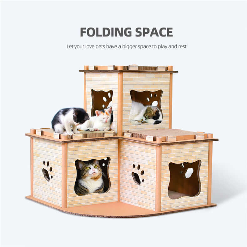 Affordable cardboard cat condo tower with multiple play areas for cats to rest and enjoy. Quality DIY pet furniture.