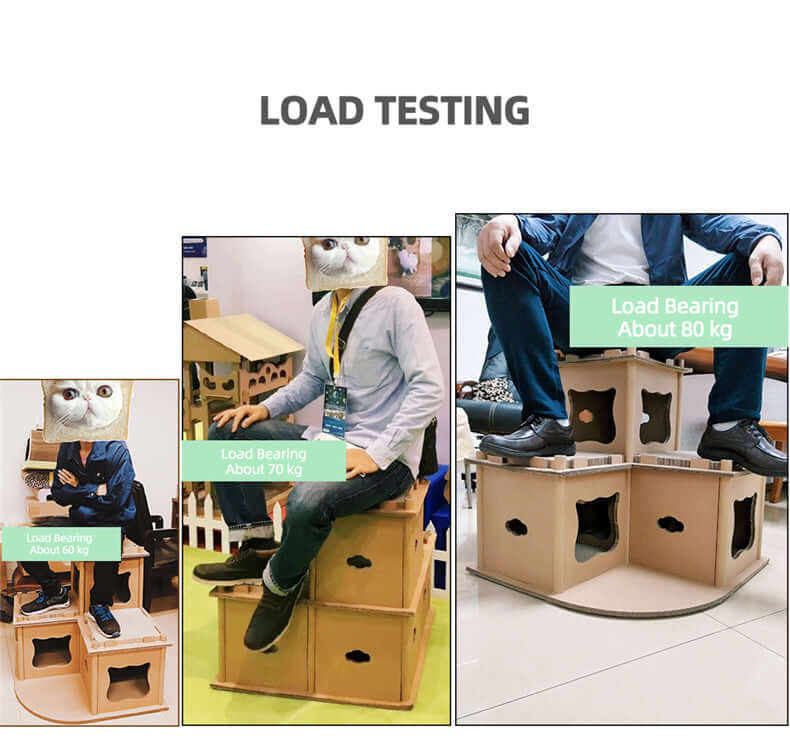 Load testing demonstration of YES4PETS cardboard cat condo, showcasing strength with weights of 40 kg, 70 kg, and 80 kg.