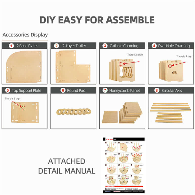 DIY assembly guide for cat cardboard house showing parts and accessories, easy to follow instructions included.