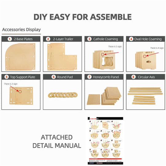 DIY assembly guide for cat cardboard house showing parts and accessories, easy to follow instructions included.