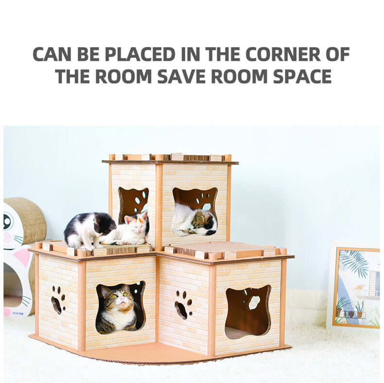 Cat cardboard condo stacked in the corner of a room, providing space-saving pet furniture for playful cats.