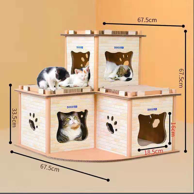 Affordable cat cardboard condo tower with multiple levels and cutout windows for playful pets, dimensions: 67.5cm x 67.5cm x 67.5cm.