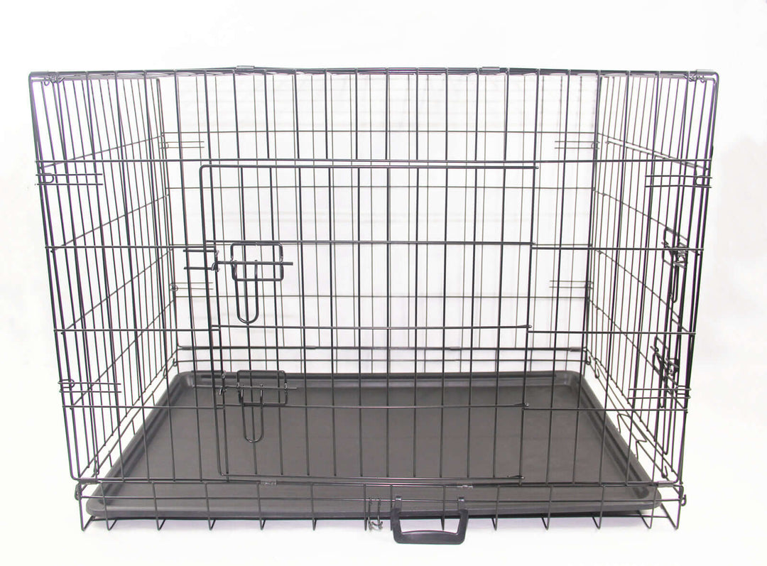 Affordable foldable dog cage with a removable tray and secure latch, perfect for pets and easy transport.