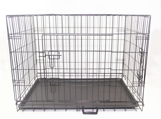 Affordable foldable dog cage with a removable tray and secure latch, perfect for pets and easy transport.