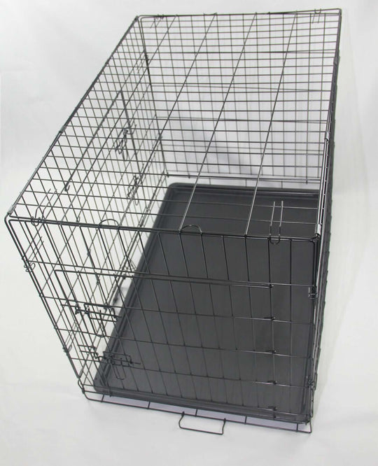 Affordable 24" collapsible dog crate with a removable tray and secure latch for easy transport and storage.