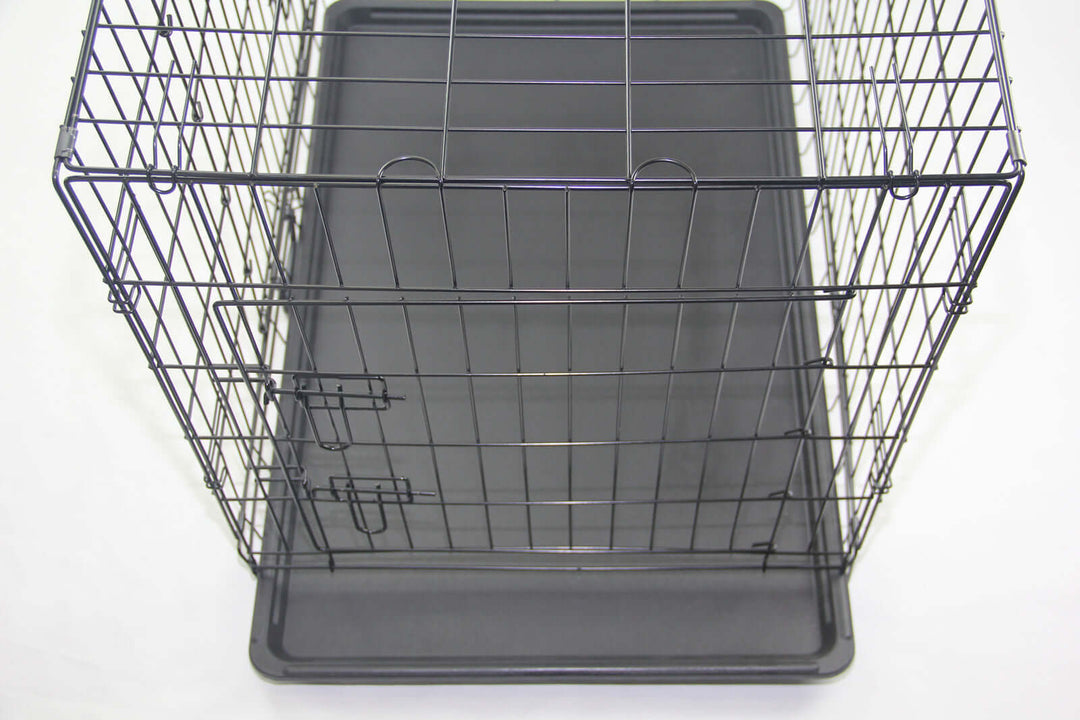 Affordable 24' portable foldable pet crate with a black metal frame and removable slide-out tray.