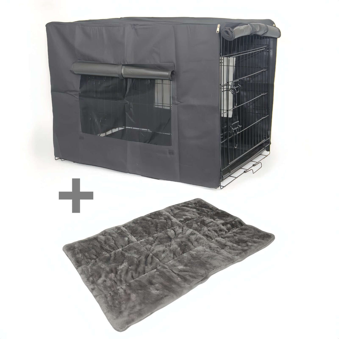 Portable foldable pet crate with removable cover and plush mat for dogs, cats, and rabbits.