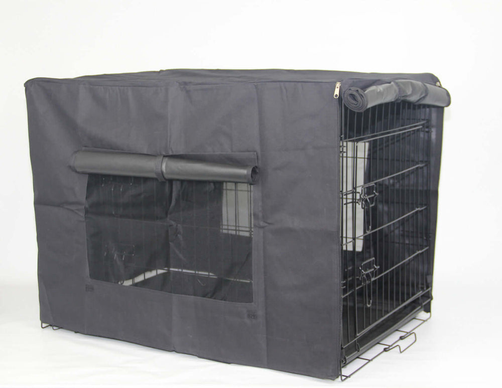 YES4PETS collapsible pet crate with black canvas cover and rolled-up window for easy access.