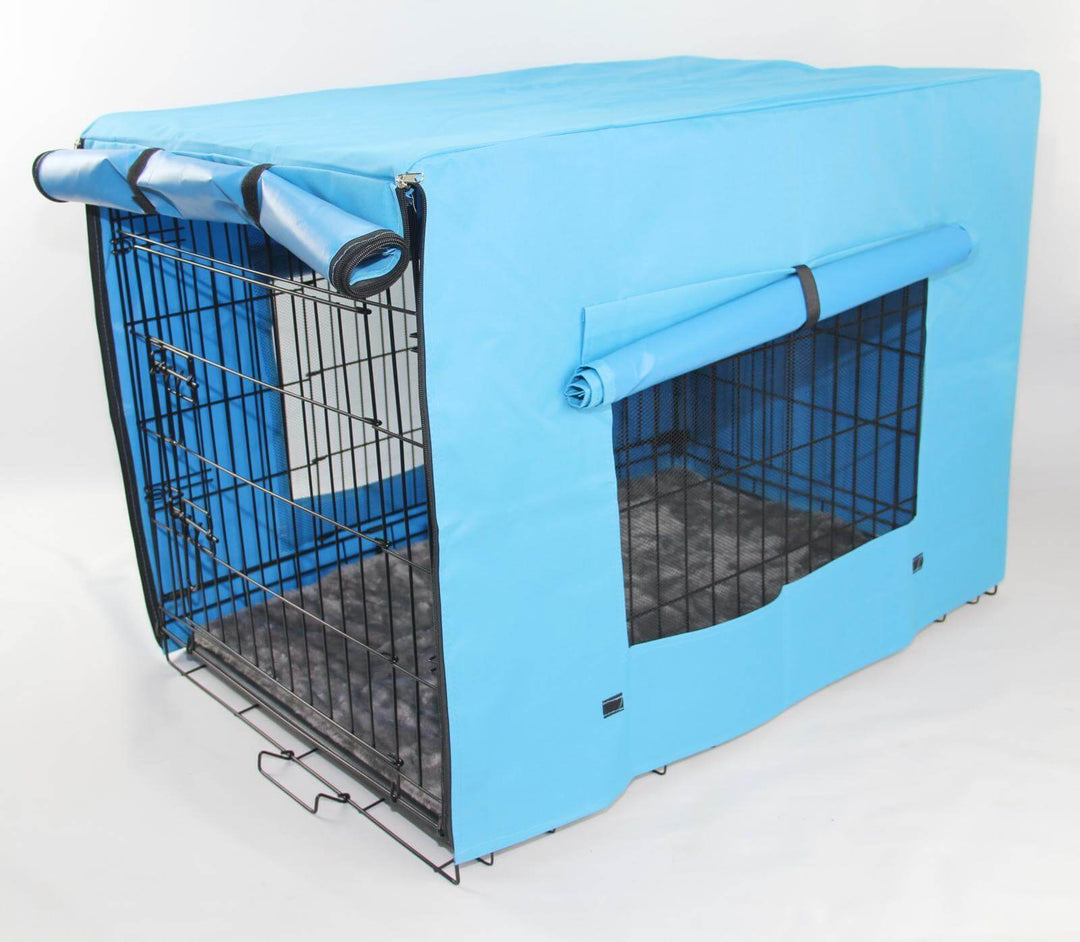 YES4PETS 24" portable dog cat rabbit crate with blue cover, foldable design, easy access doors, and removable mat.