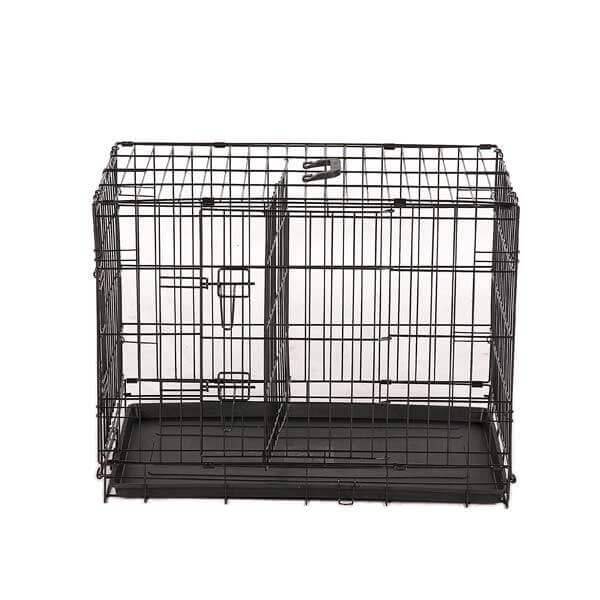 Affordable collapsible metal dog crate with divider for pets, easy to store, transport, and clean.