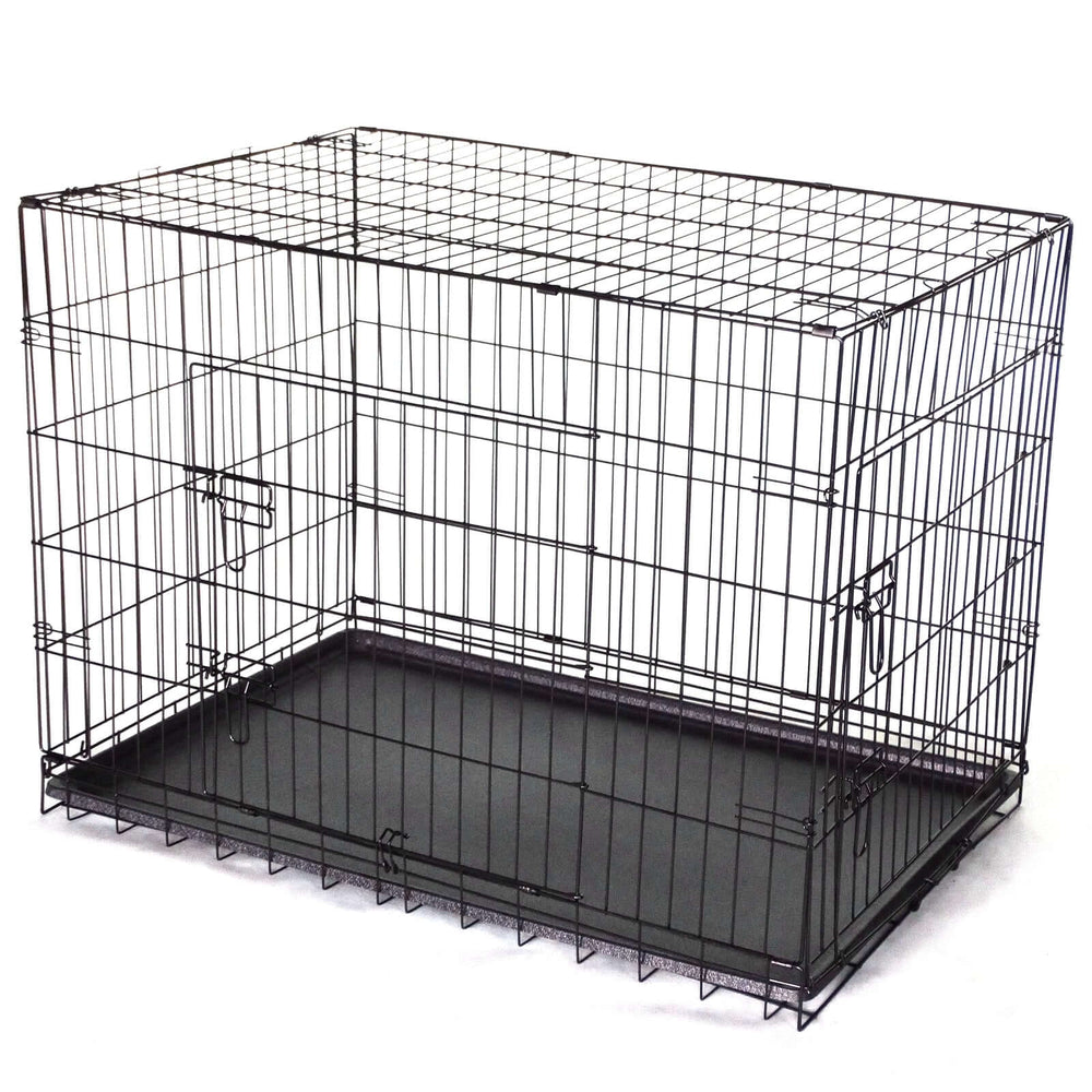 Affordable collapsible metal dog crate with divider, featuring two access doors and durable powder-coated finish.