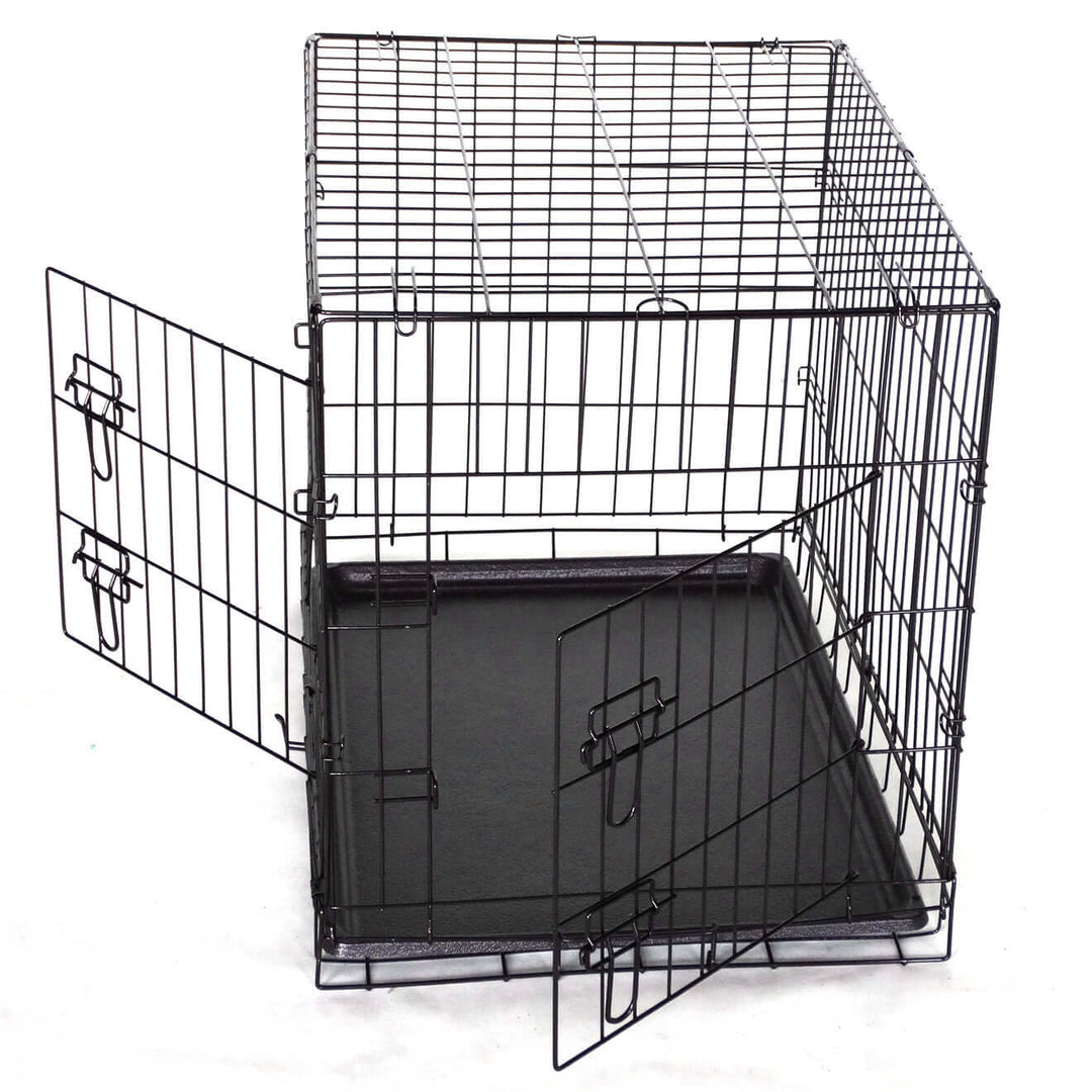 Collapsible metal dog crate with two doors and removable tray for easy cleaning, affordable pet carrier.