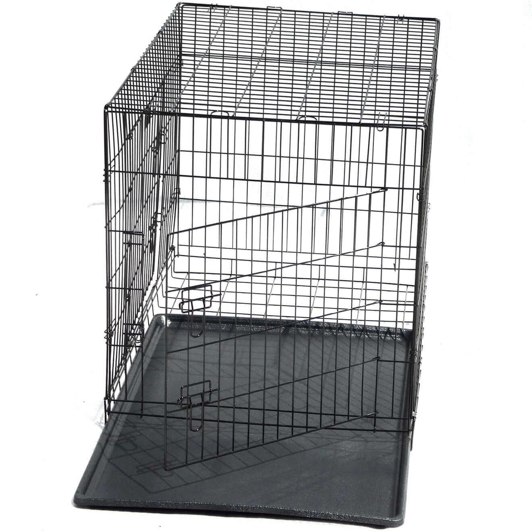 Affordable collapsible metal dog crate with divider, perfect for puppies and cats, easy to transport and clean.