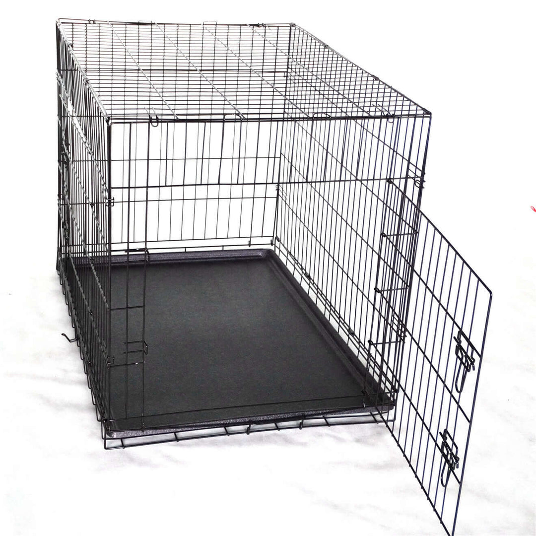 YES4PETS collapsible metal dog crate with double access doors and black tray, affordable and durable pet carrier.