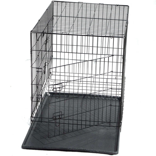 Affordable collapsible metal dog crate cage with tray, easy to set up, clean, and transport.