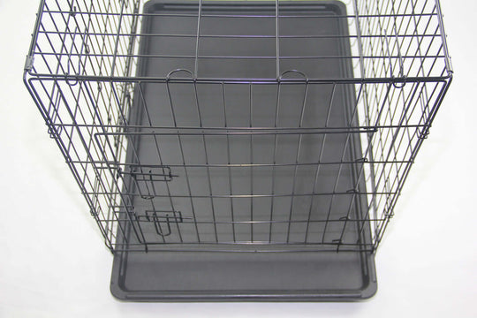 Affordable foldable pet crate with removable black tray, designed for easy storage and transport, suitable for dogs and rabbits.