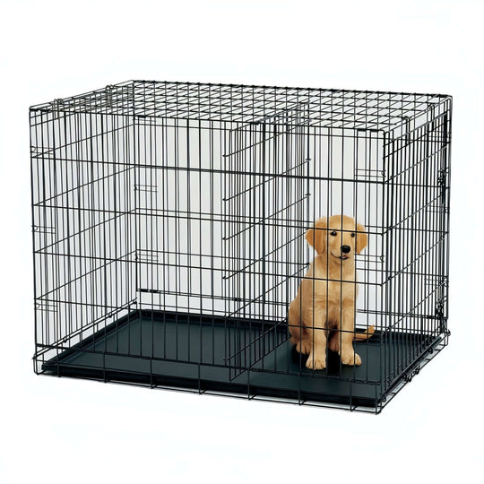 YES4PETS collapsible metal dog crate with a puppy inside, affordable and durable pet carrier.