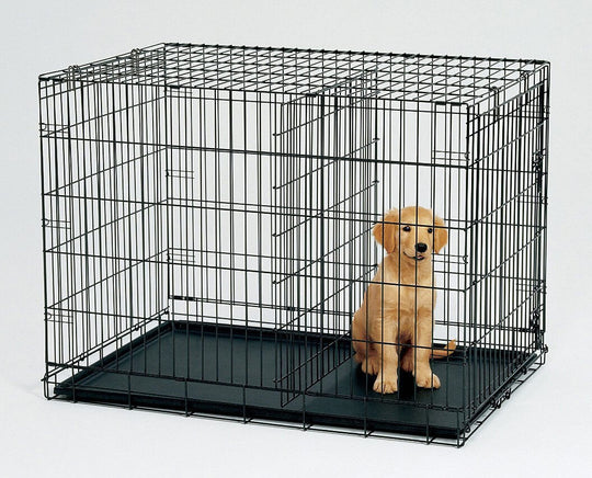 Affordable 30' collapsible metal dog crate cage with divider, featuring a puppy inside for quality pet care.