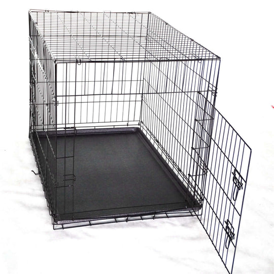 36" foldable metal dog crate with open door and removable tray for easy access and storage.