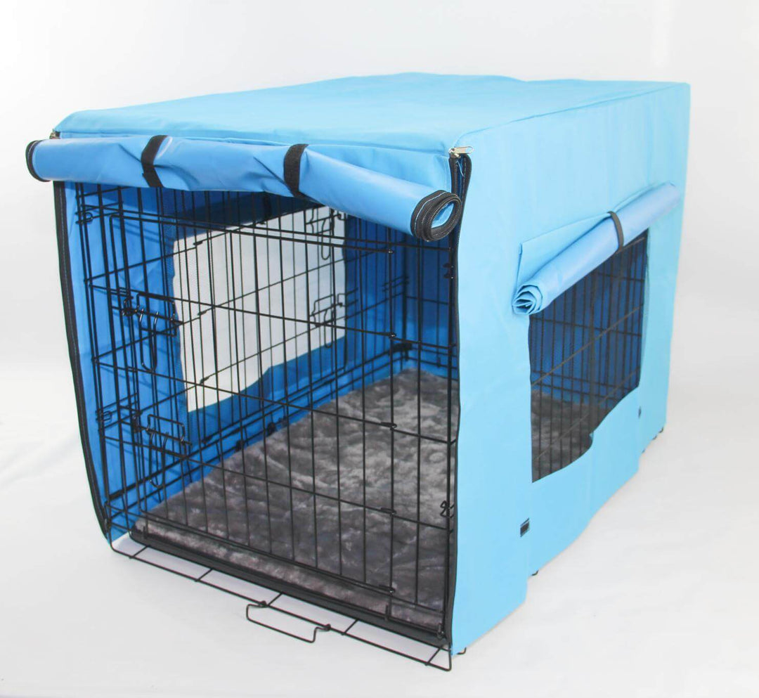 Affordable 36' collapsible pet crate in blue with removable cover and easy-access doors for dogs and cats.