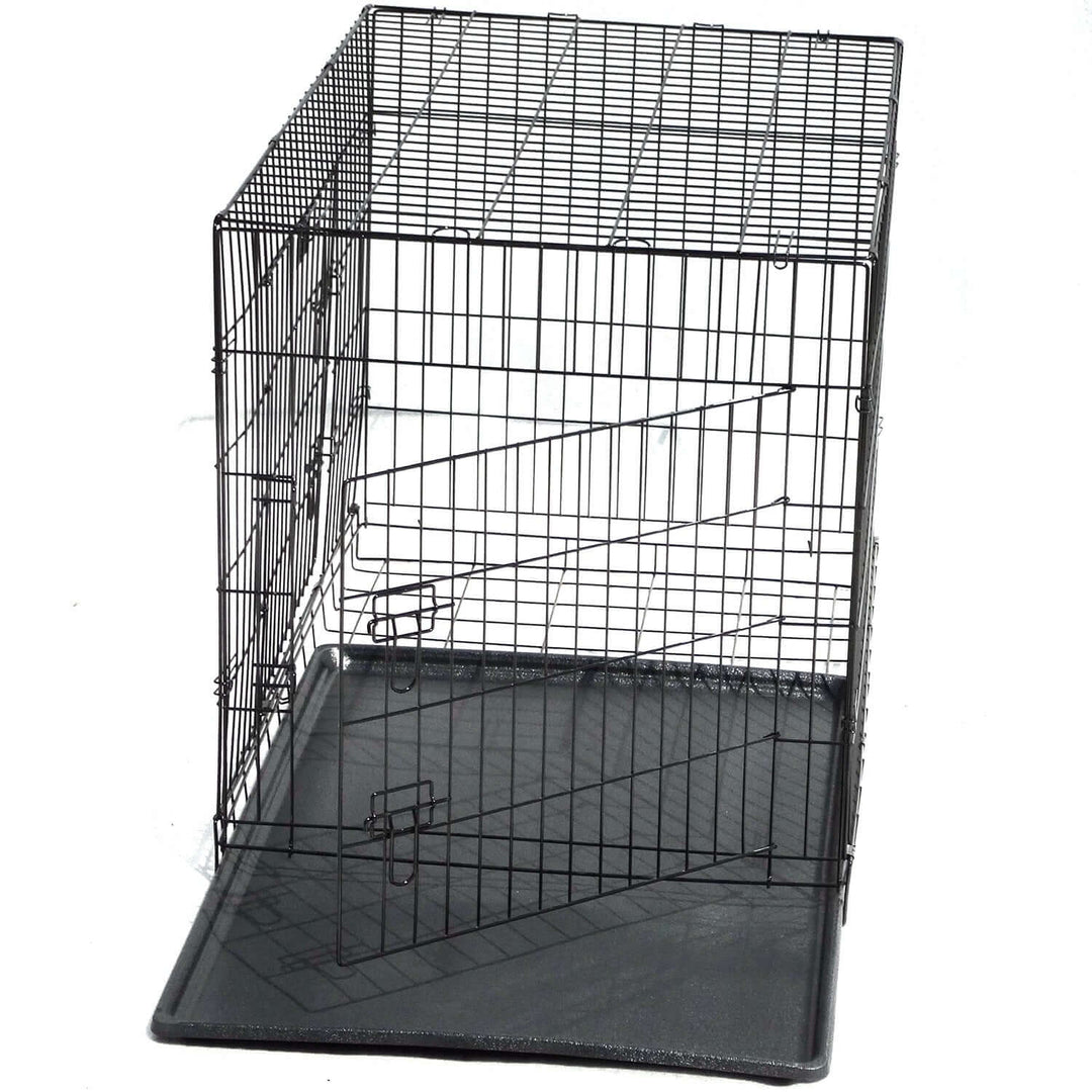 Collapsible metal dog crate cage with double access doors for easy access and secure pet containment.