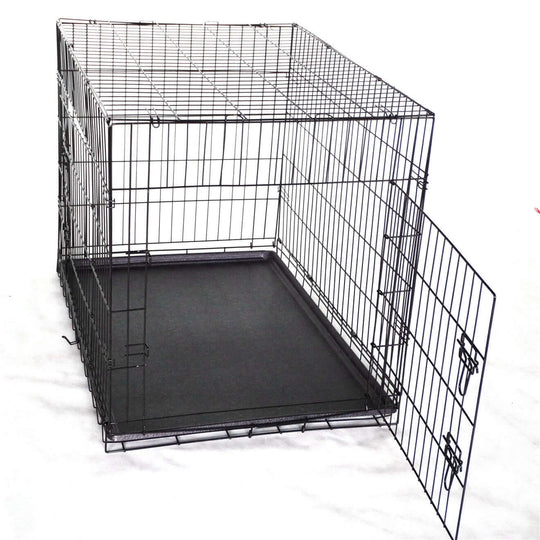 Affordable 48' collapsible metal pet dog crate with mat, double access doors for convenience and safety.