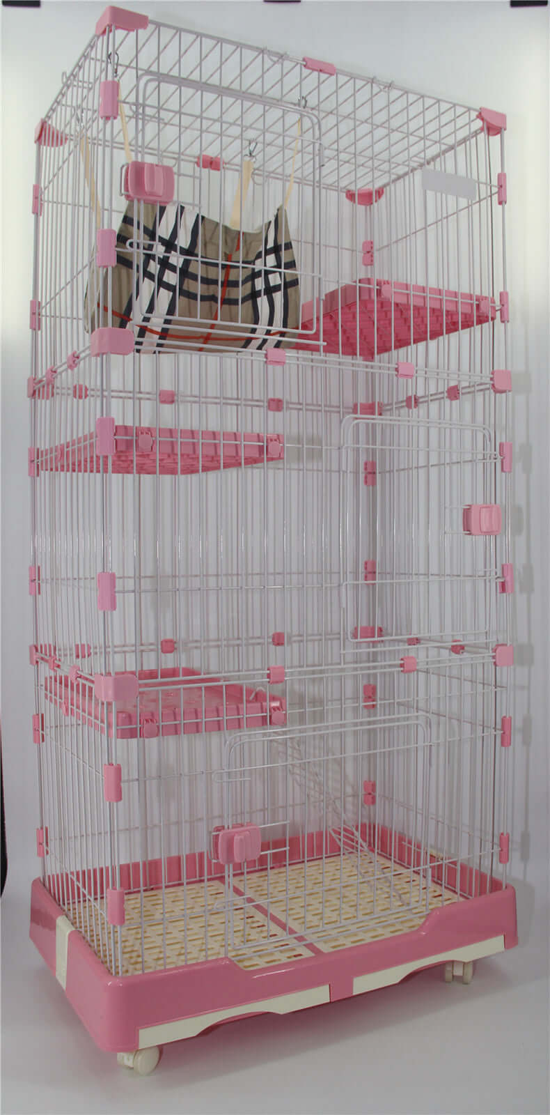 YES4PETS 179 cm Pink 4 Level Cat Cage House with Litter Tray and Coaster Wheels, ideal for pet comfort and easy cleaning.