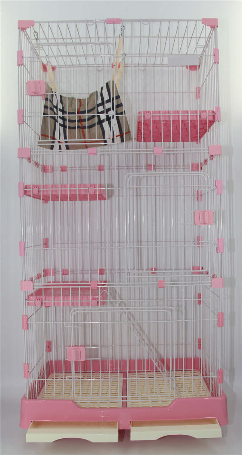 4-level pink cat cage house with platforms, litter tray, and wheels, ideal for pet comfort and easy movement.