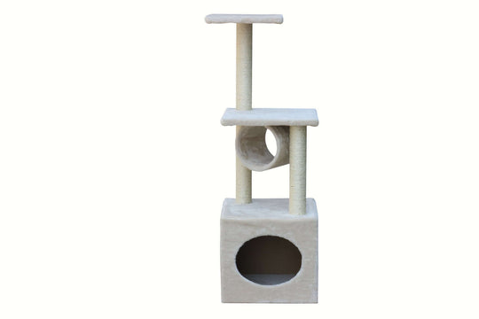 YES4PETS beige cat scratching post tree with platforms and cubed resting area for medium cats.