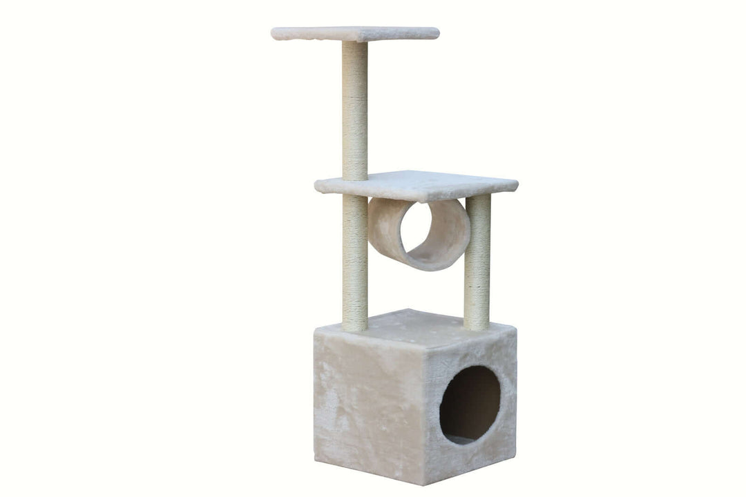 YES4PETS 112 cm beige cat scratching post tree with platforms, cubed base, and sisal poles for playful cats.