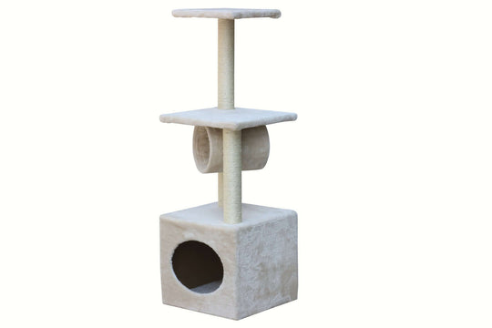 Affordable beige cat tree with platforms and hideaway, ideal for medium cats. Quality scratching post for fun and comfort.