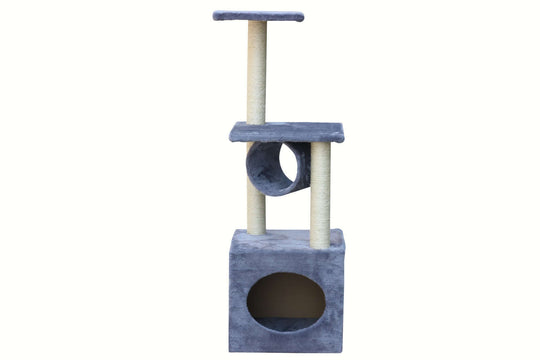 Affordable grey cat scratching post with multiple platforms and cozy cube for medium cats to climb and play.