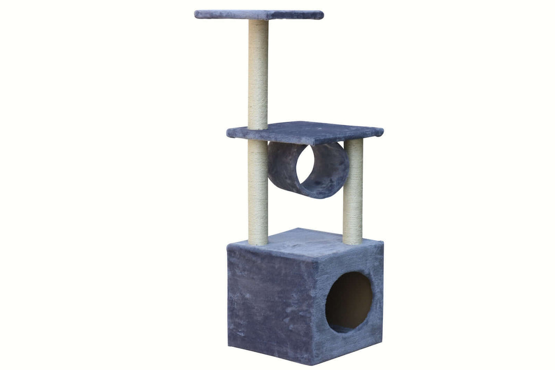 YES4PETS affordable grey cat scratching post with platforms, cozy bed cube, and natural sisal poles for climbing and scratching.