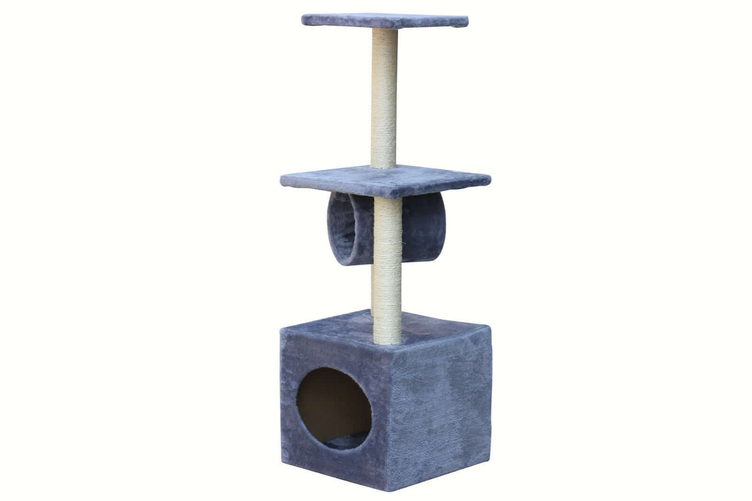 Affordable grey cat tree scratching post with platforms and cube for medium cats, quality plush covering, sturdy design.