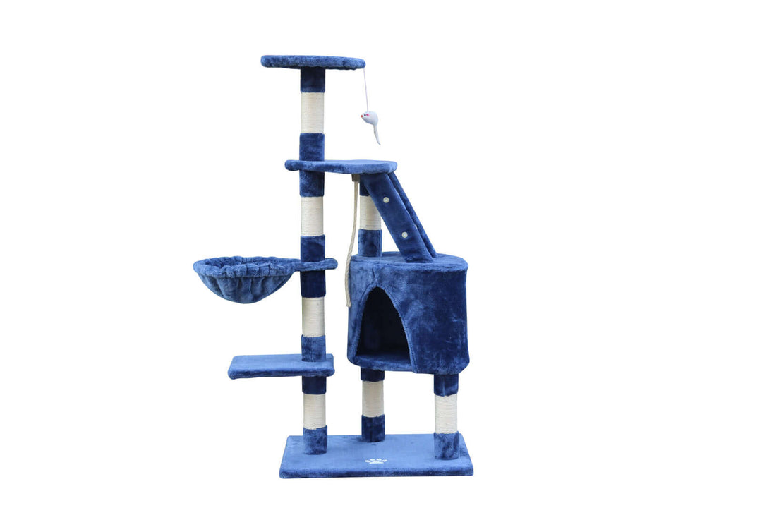 YES4PETS 120 cm blue multi-level cat scratching post with cubby, platforms, and toy.