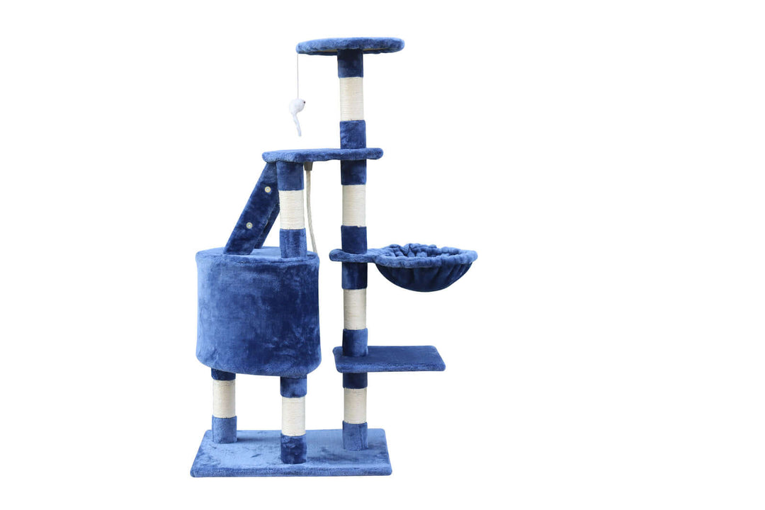 Affordable blue multi-level scratching post for cats, featuring cubby and platforms for climbing and scratching.