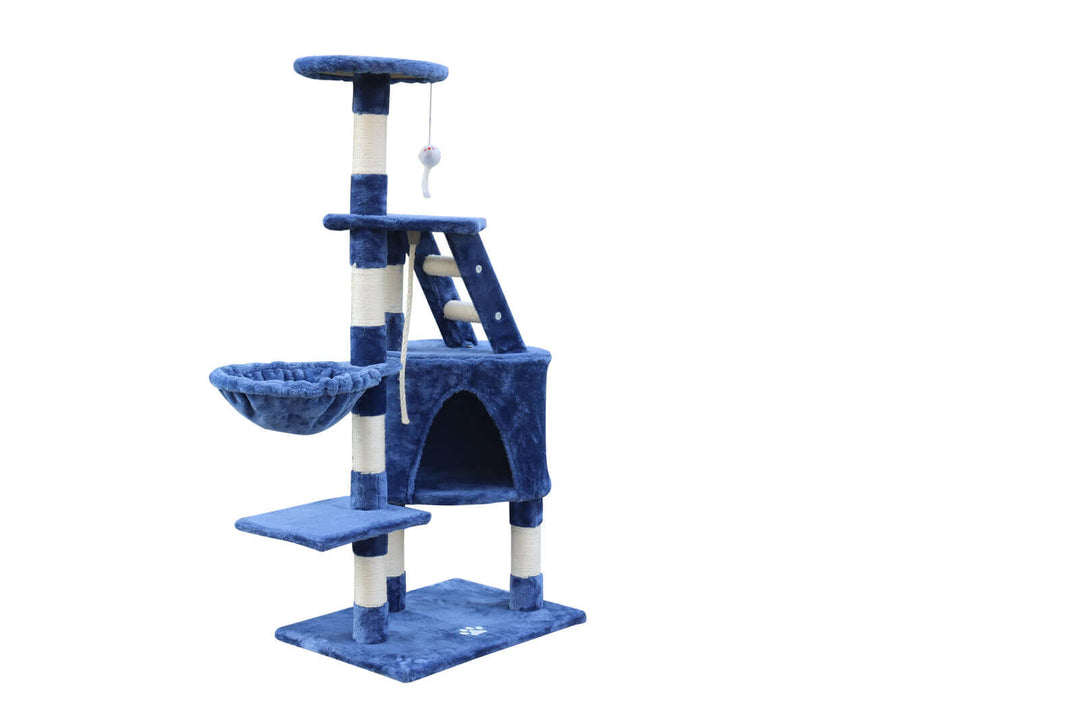 Affordable multi-level blue cat scratching post with cubby, platforms, and dangling toy for playful kittens.