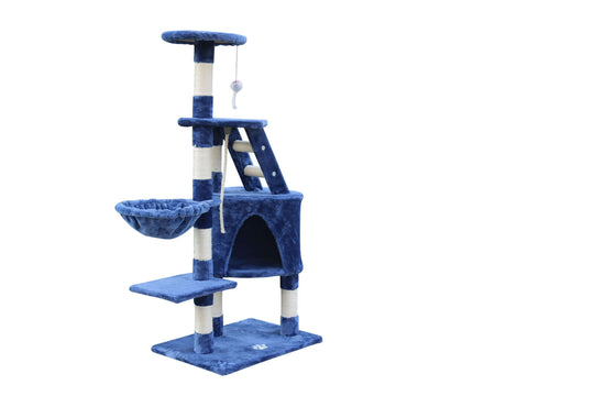 Affordable multi-level blue cat scratching post with cubby, platforms, and dangling toy for playful kittens.