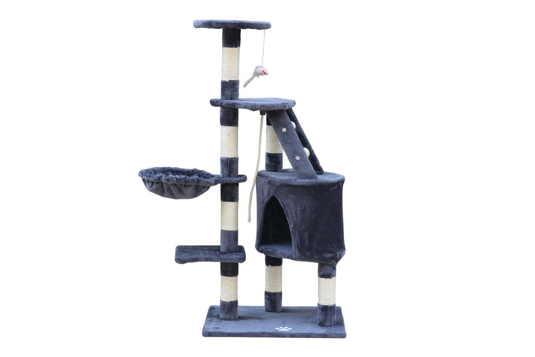 Affordable multi-level cat scratching post tree in grey with platforms, cubby hole, and scratching posts for kittens.