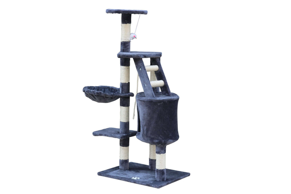 Affordable 120 cm grey multi-level cat scratching post tree with cubby, ladder, and platforms for play and rest.