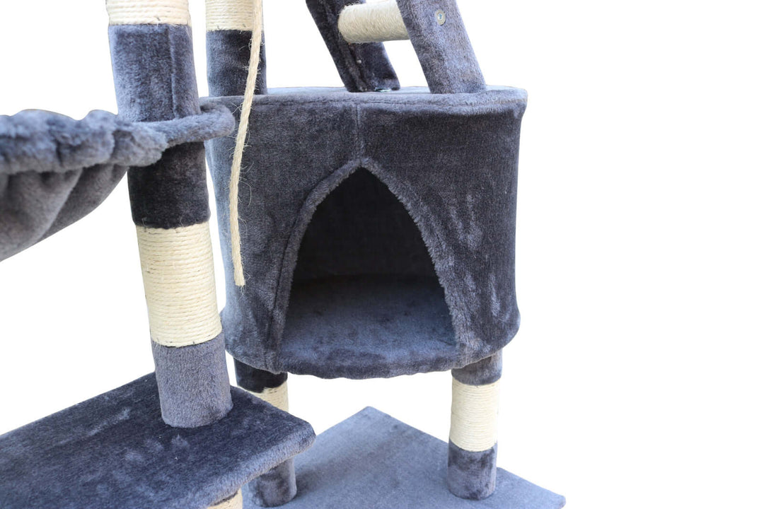 Affordable grey multi-level cat scratching post tree with cubby hole and platforms for playful kittens.