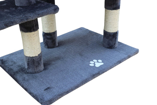 Close-up of YES4PETS cat scratching post base, featuring soft grey fabric and sisal-covered posts for climbing and scratching.