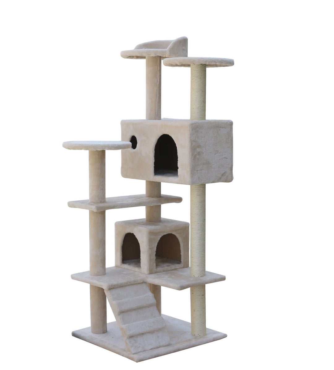 Affordable beige cat scratching post tree with multiple platforms and cubed resting areas for climbing and fun.